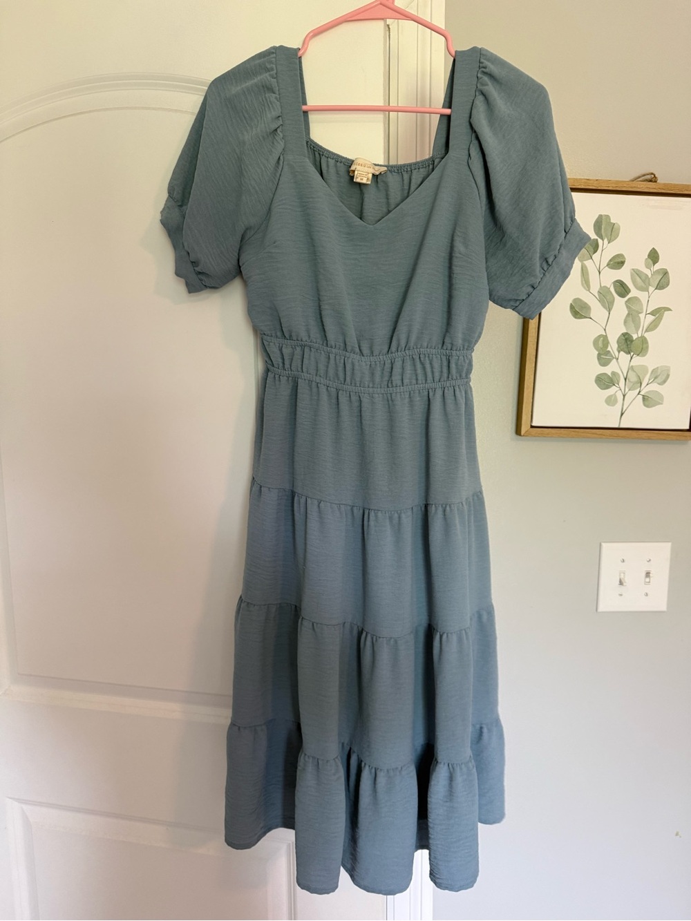 Monteau Sage Blue Tiered Puff Sleeve Midi Dress